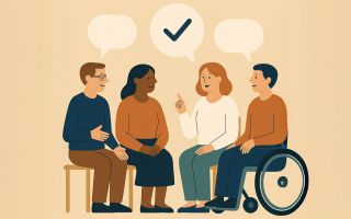 Das Bild zeigt vier verschiedene Personen, die über das Thema Leichte Sprache diskutieren.