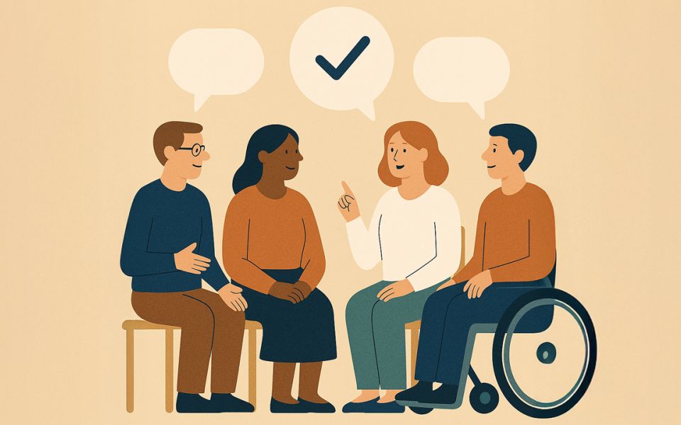 Das Bild zeigt vier verschiedene Personen, die über das Thema Leichte Sprache diskutieren.